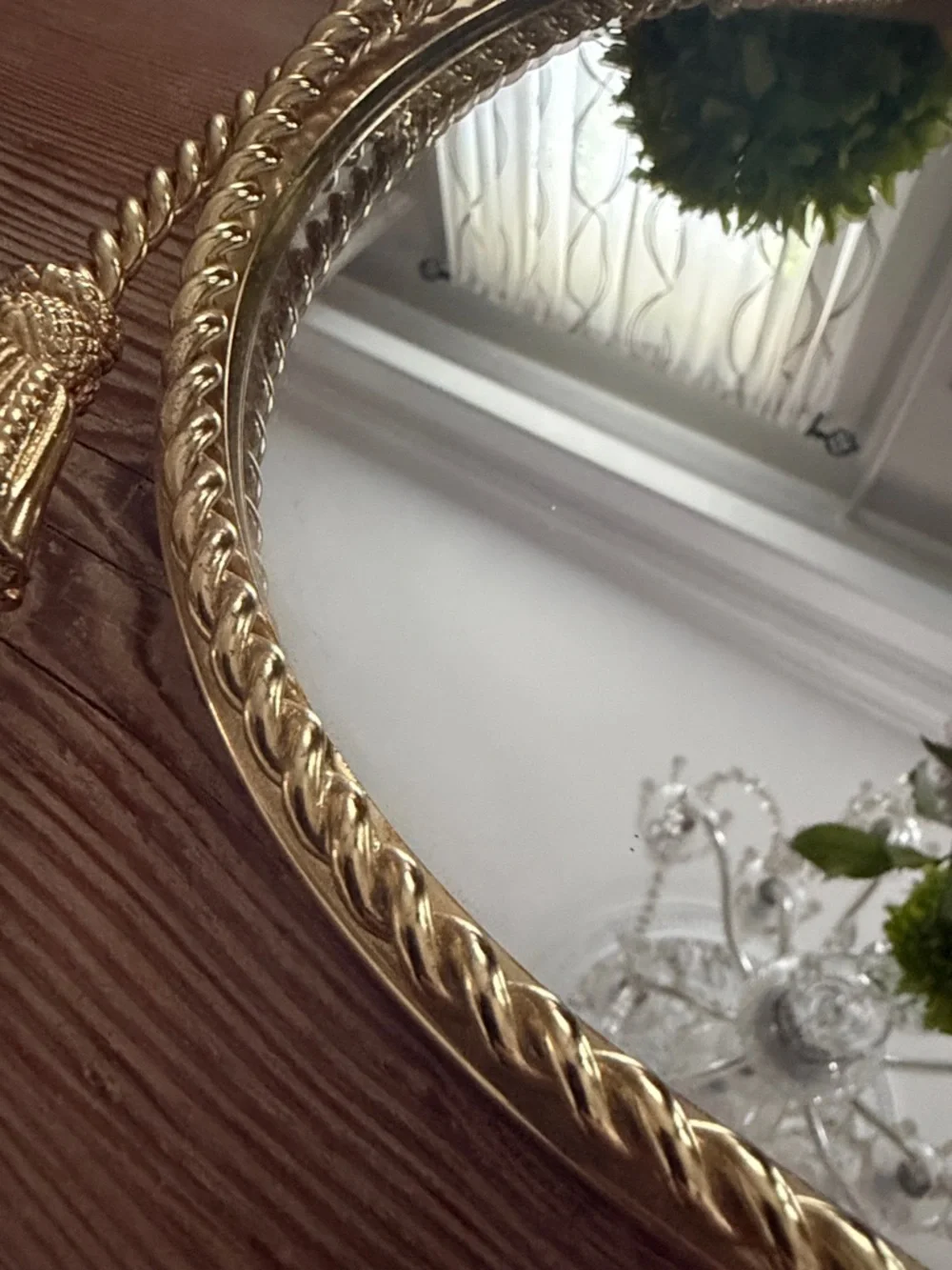 Vintage Large Oval Mirror Vanity Tray Gold Tone Metal Rope Tassels Velvet Bottom